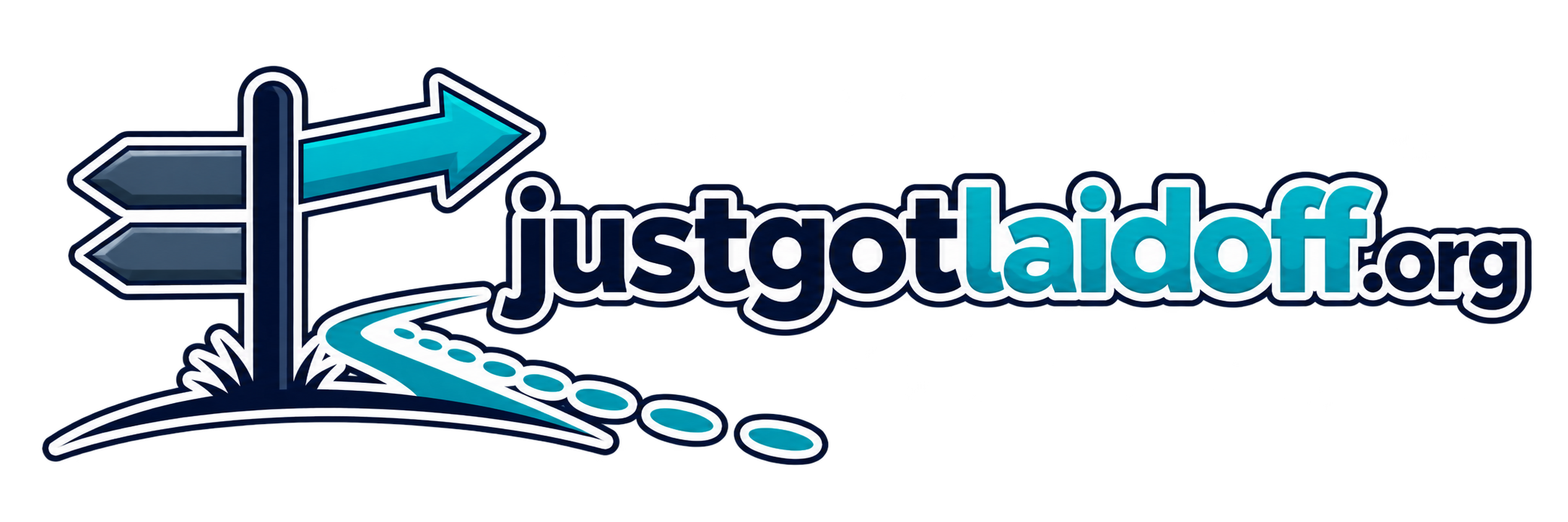 JustGotLaidOff.org logo featuring a directional signpost and a turquoise arrow pointing forward